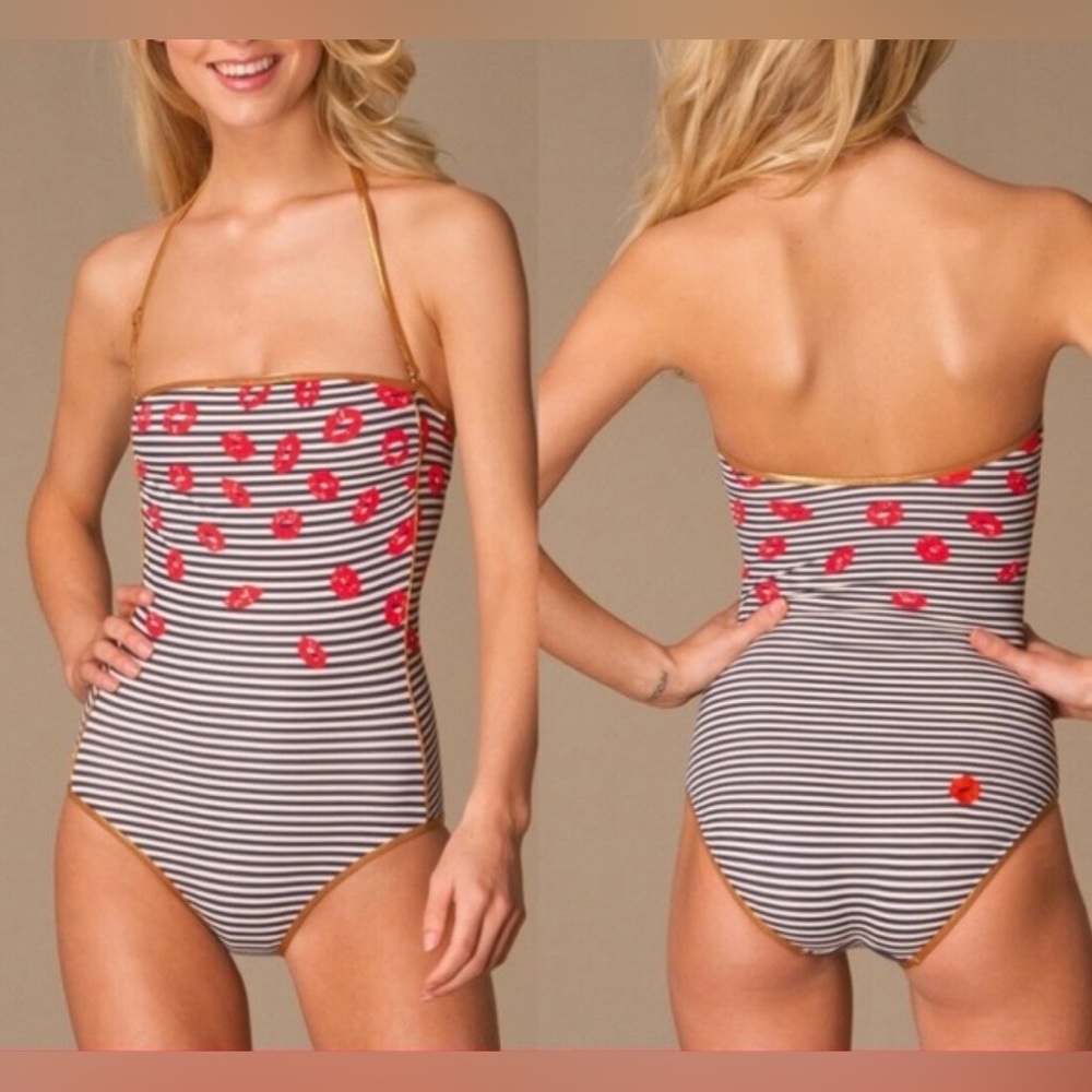 Marc by Marc Jacobs Striped Kiss One-Piece with Red Lip Print